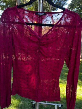 Y2K Red Semi Sheer Karen Kane Red Long Sleeve Top Size M
